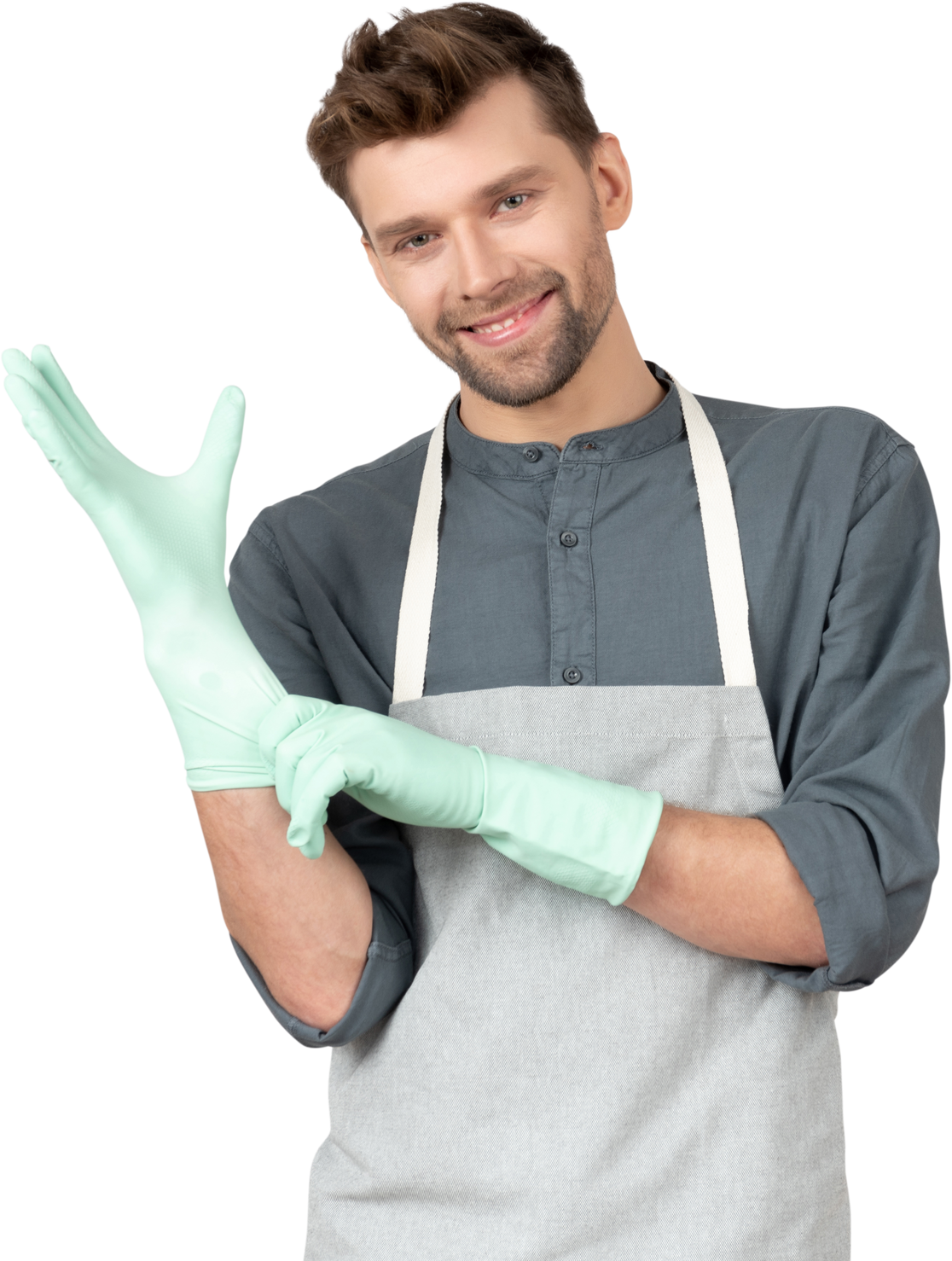 Portrait of Young Housekeeper Putting Gloves